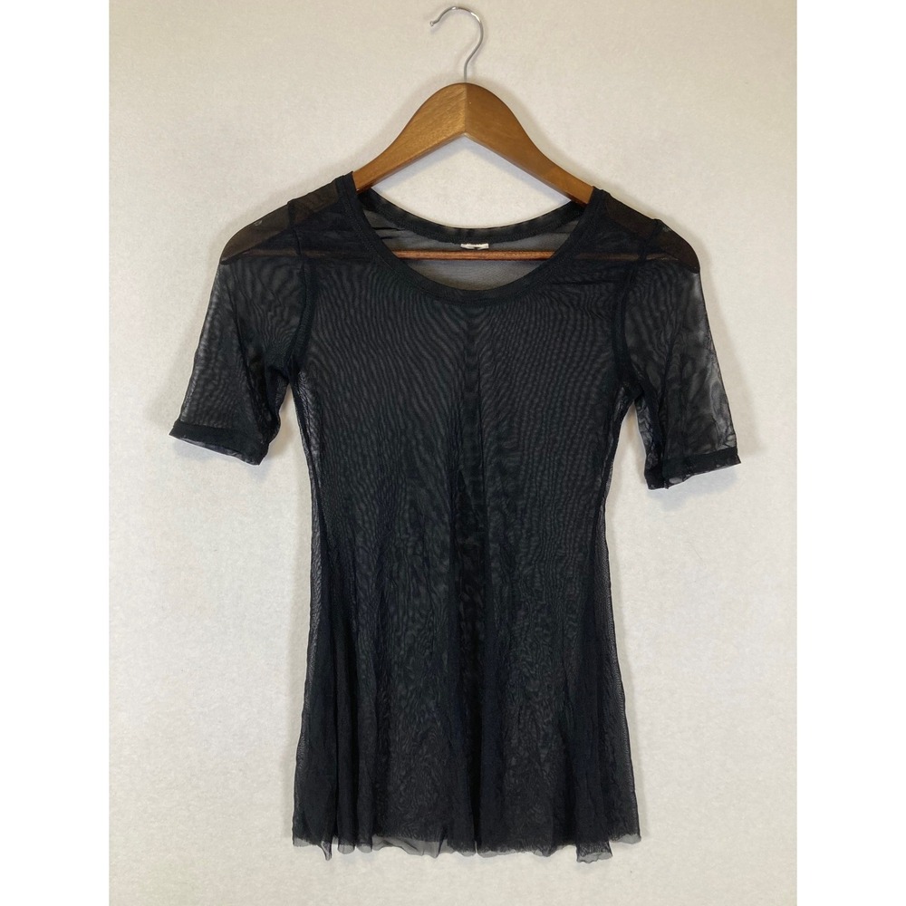 Goth Grunge Sheer‎ Mesh Top Women Small Black Short Sleeve Crew Neck Tee